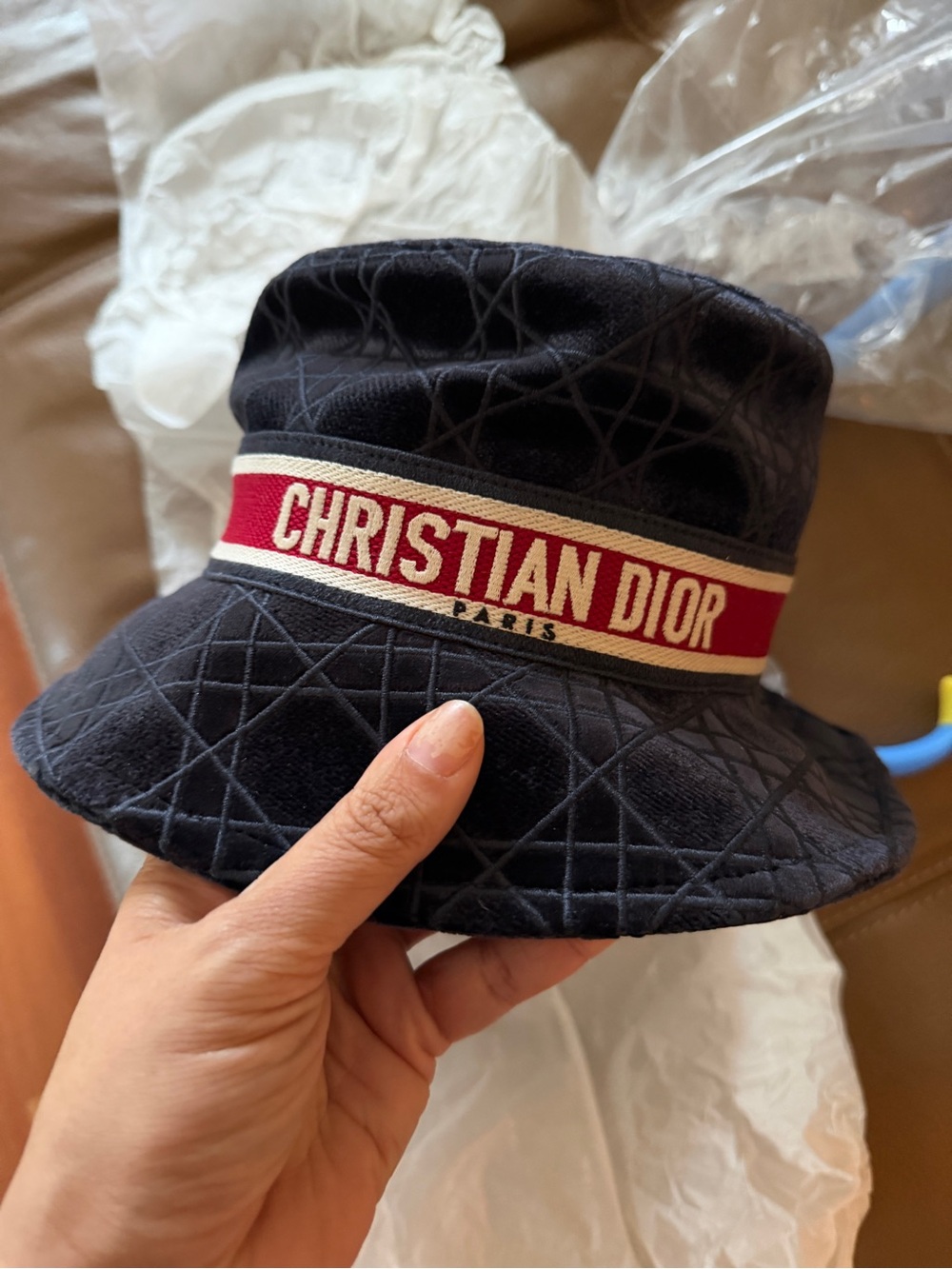 NWT Dior Navy Quilted Bucket Hat with Red and Cream Logo Band